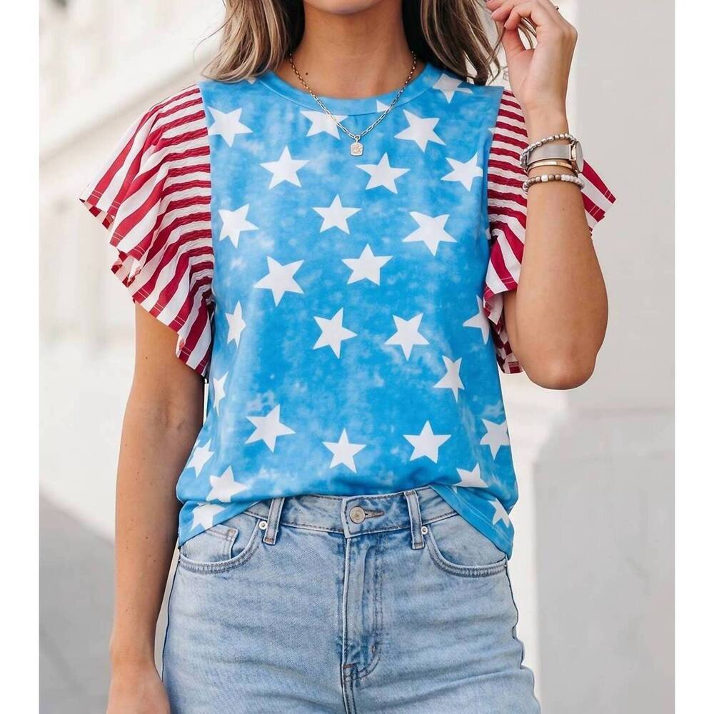 NEW AAPPARELLA independence day star & stripe ruffle sleeve top in sky blue